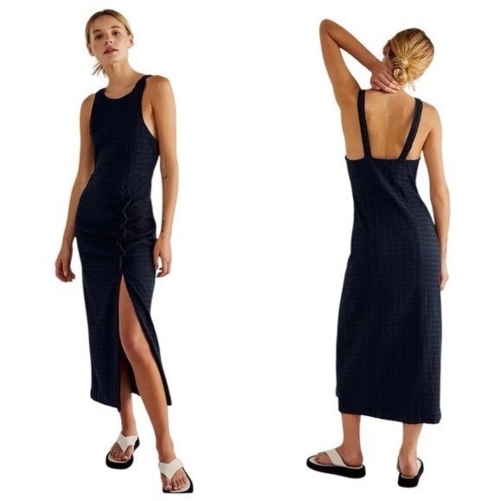 FREE PEOPLE Kokomo Midi Dress, Back and Blue Smocked, Size Large
